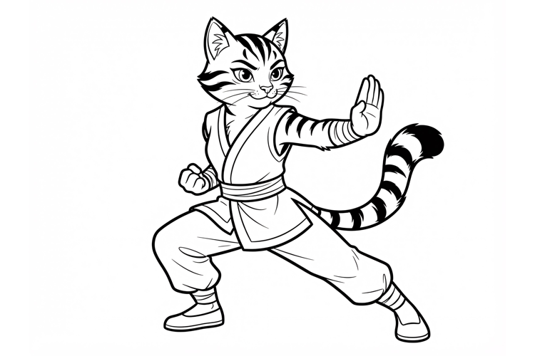 Anthropomorphic cat character in martial arts pose for color