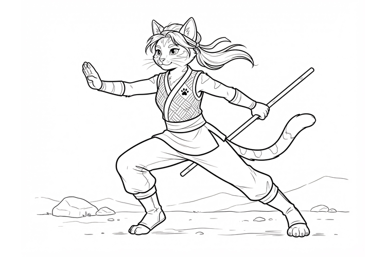 Warrior cat coloring page with staff weapon in a dynamic mar