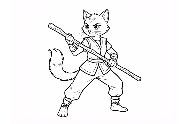 Warrior cat coloring page with staff weapon in a dynamic mar
