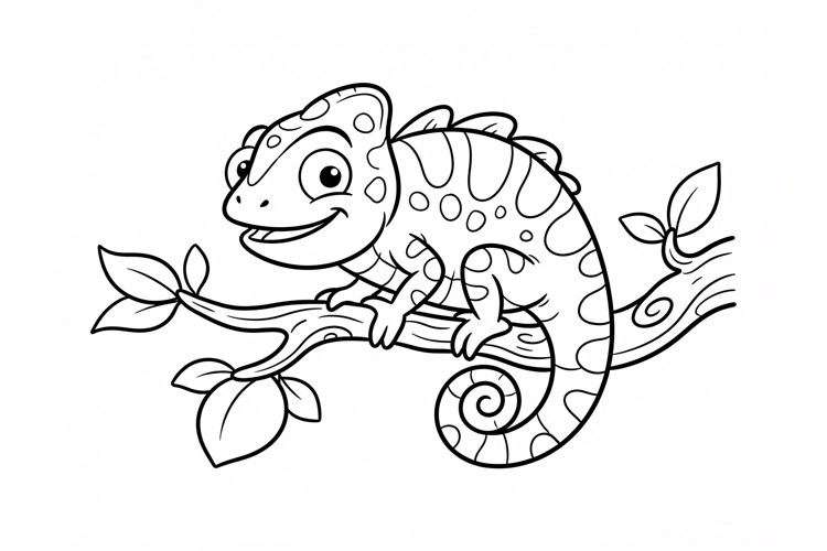 Cute Chameleon Coloring Page for Kids Black and White Line A
