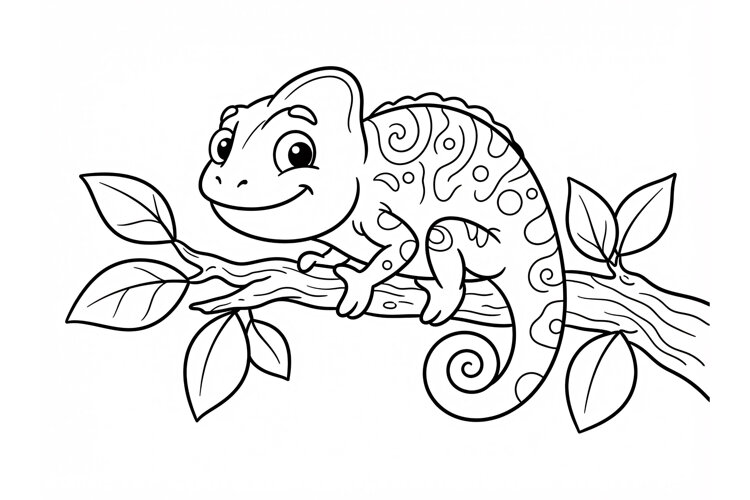 Cute Chameleon Coloring Page for Kids Black and White Line example image 1