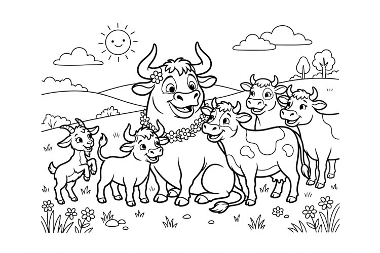 Cute Farm Animals Coloring Page for Kids with Cows and Goat example image 1