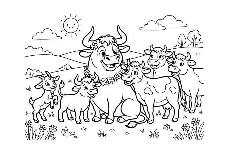 Cute Farm Animals Coloring Page for Kids with Cows and Goat