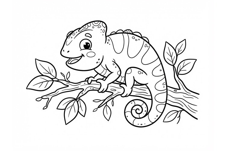 Cute Chameleon Coloring Page for Kids Black and White Line