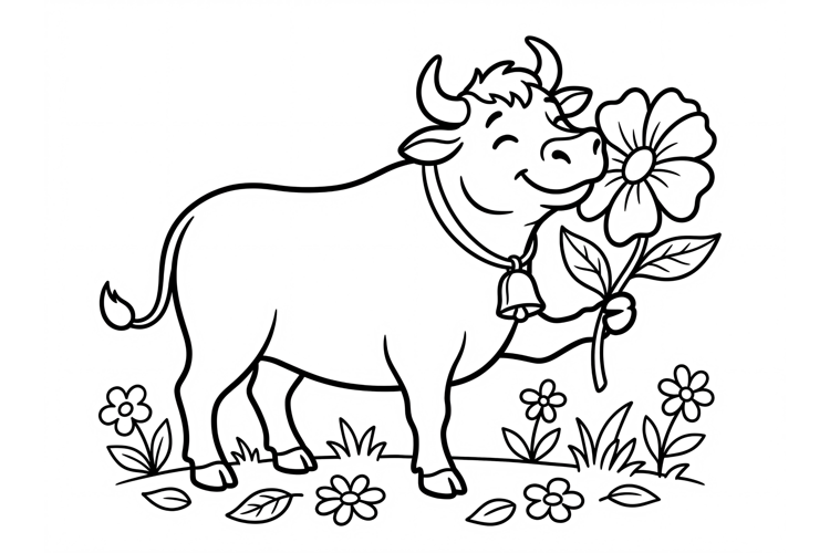 Cute cow coloring page for kids with a flower in a meadow