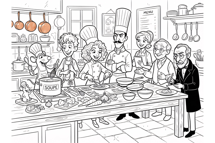 Cartoon coloring page of professional chefs and a mouse cook