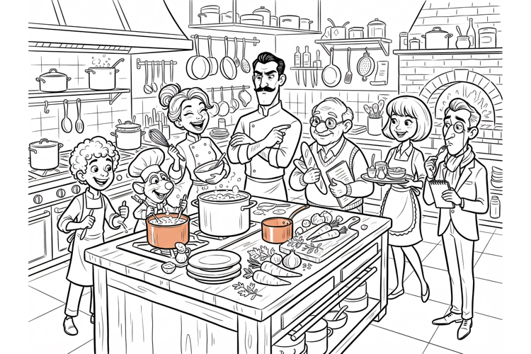 Group of people cooking in a professional kitchen line art
