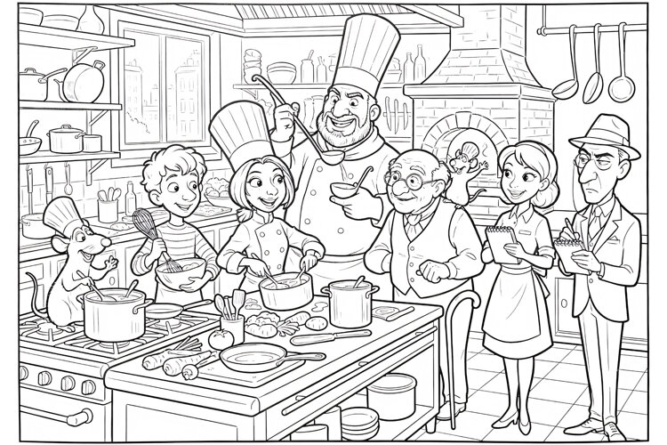 Coloring page of an elderly man and girl with a flying house example image 1