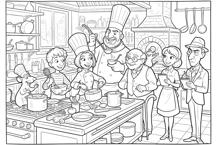 Coloring page of an elderly man and girl with a flying house
