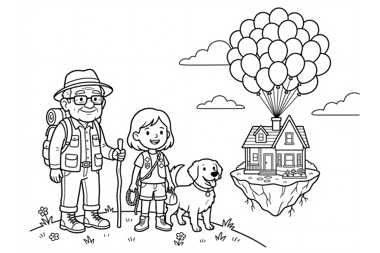 Coloring page of an elderly man and girl with a flying house