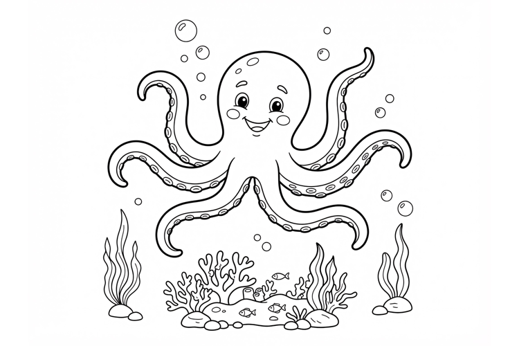 Cute Octopus Coloring Page for Kids with Underwater Sea Life