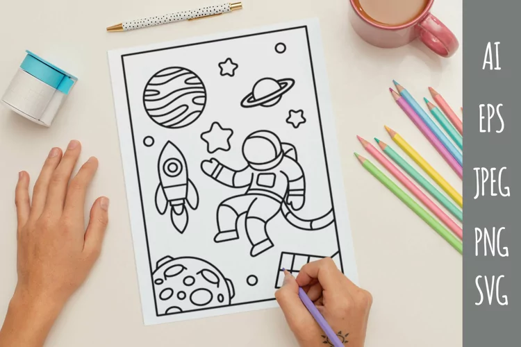 Astronaut in Space, A5 Coloring Page, Children Activity