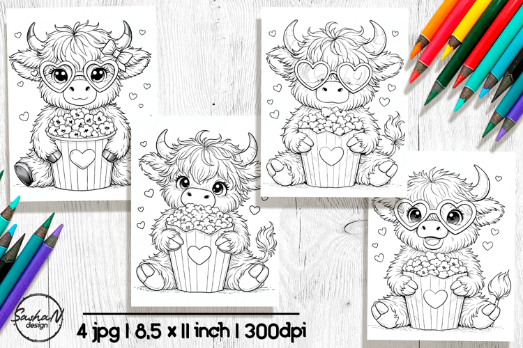 Cute Highland Cow Valentine Coloring Pages