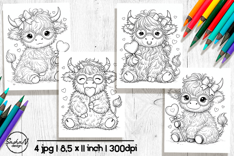 Cute Highland Cow Valentine Coloring Pages