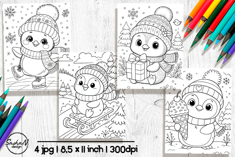 Cute winter penguin coloring pages for kids