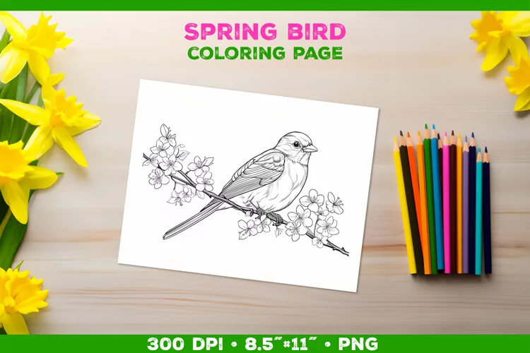 Kids simple coloring book page with Bird in Blooming Branch