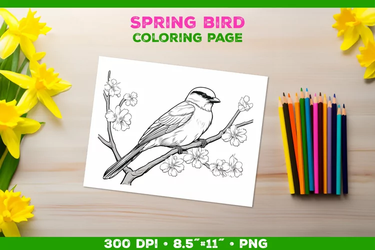 Kids simple coloring book page with Bird in Blooming Branch