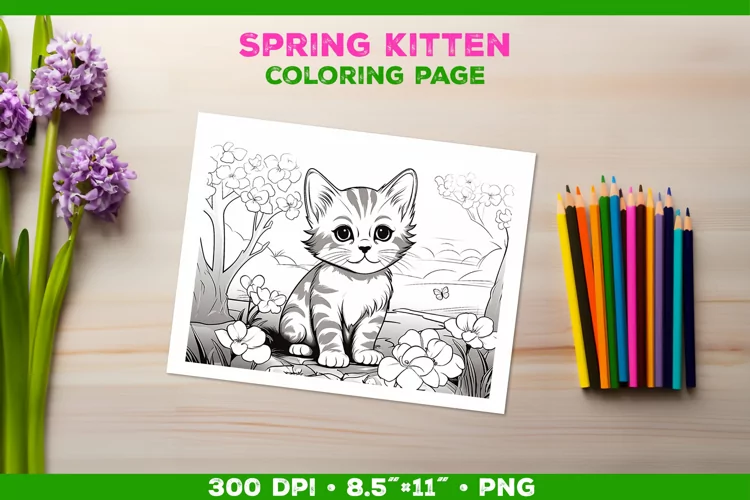 Kids Kitten Coloring with Spring Flowers