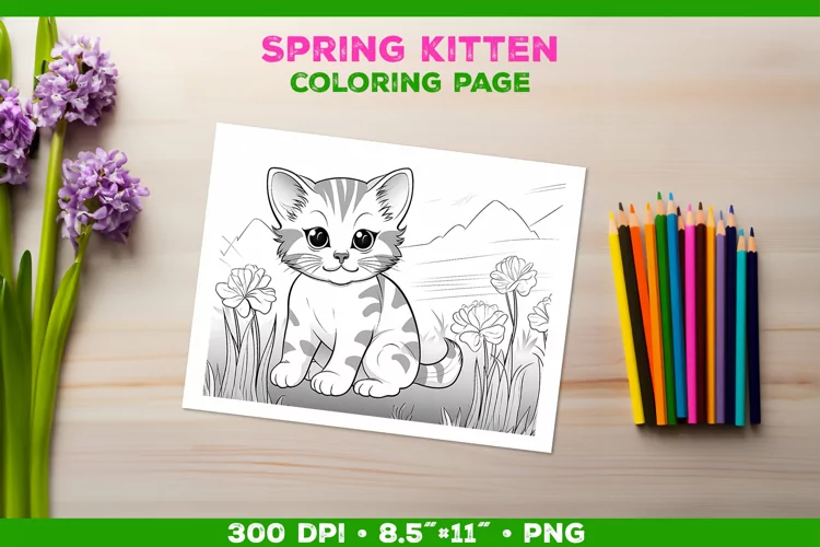 Kids Kitten Coloring with Spring Flowers