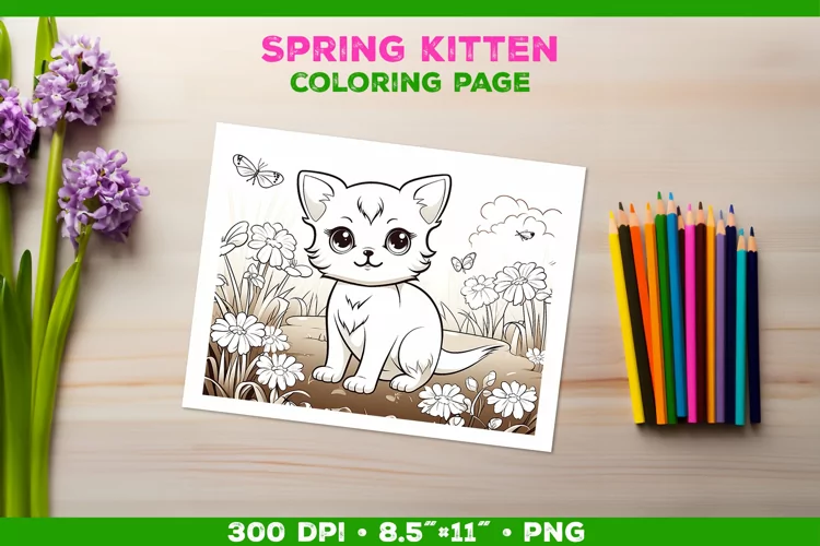 Kids Kitten Coloring with Spring Flowers