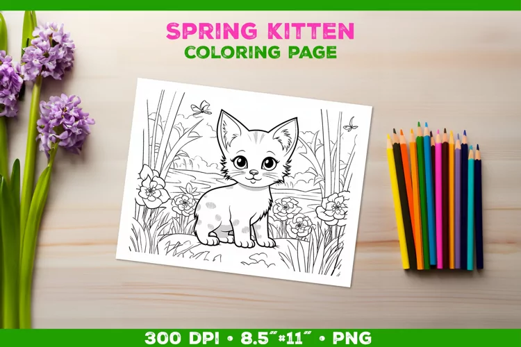 Kids Kitten Coloring with Spring Flowers