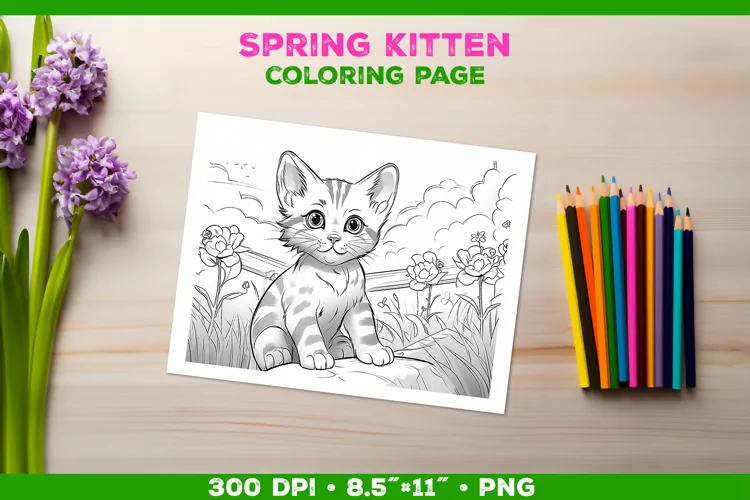 Kids Kitten Coloring with Spring Flowers