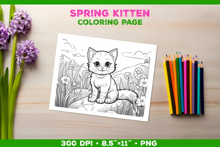 Kids Kitten Coloring with Spring Flowers