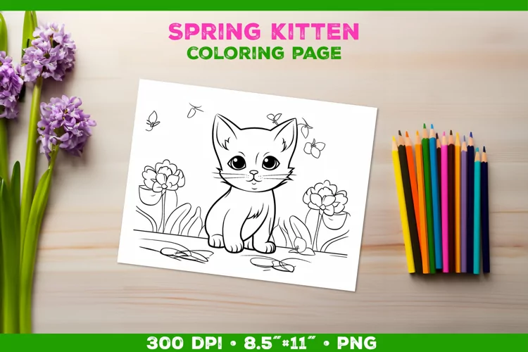 Kids Kitten Coloring with Spring Flowers