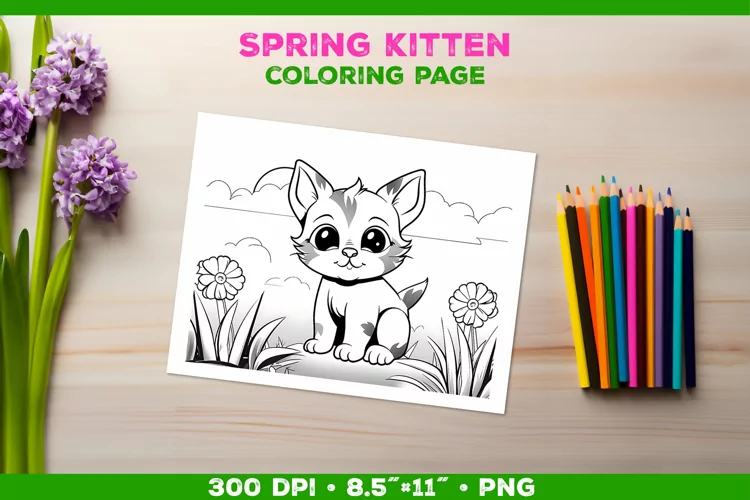Kids Kitten Coloring with Spring Flowers