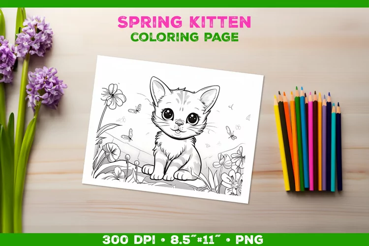 Kids Kitten Coloring with Spring Flowers