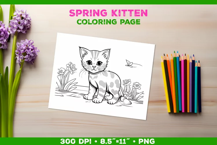 Kids Kitten Coloring with Spring Flowers
