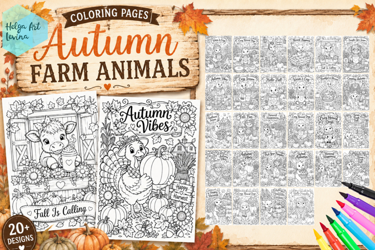 Autumn Farm Animals. Coloring Pages BUNDLE