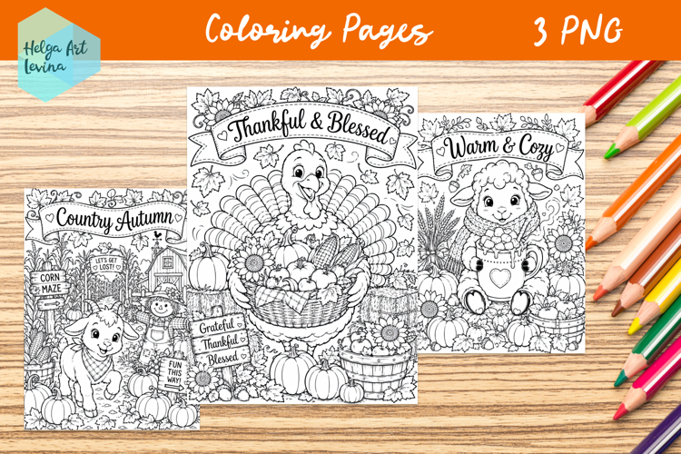 Autumn Farm Animals. Coloring Pages