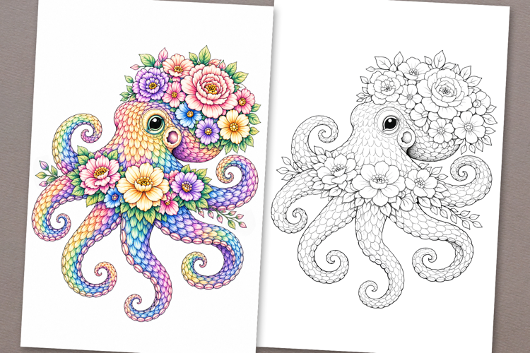 Octopus coloring page for adults. Adult coloring book floral