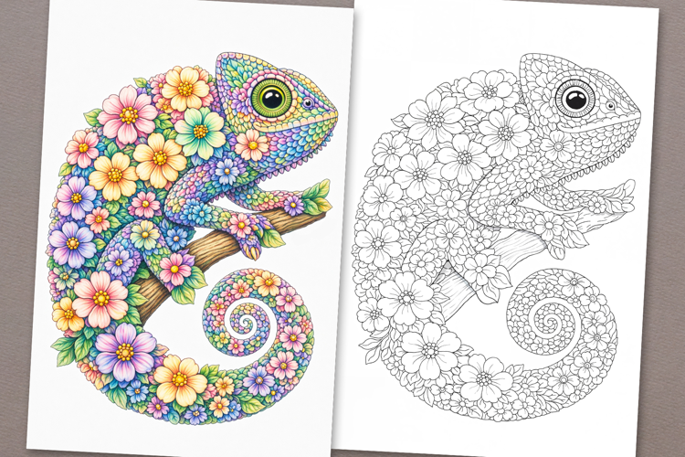 Chameleon coloring page for adults. Adult coloring book