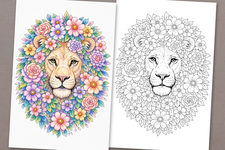 Lion coloring page for adults. Adult coloring book floral