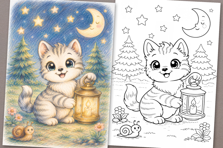 Cute Cartoon Cat Coloring Page and Coloring Book for Kids