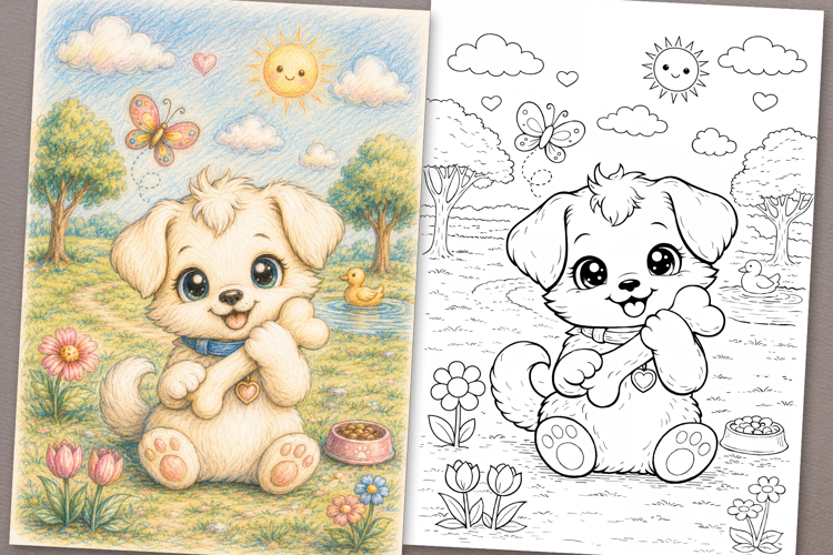 Cute Cartoon Dog Coloring Page and Coloring Book for Kids