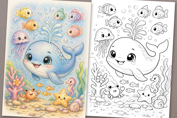 Cute Cartoon Whale Coloring Page and Coloring Book for Kids