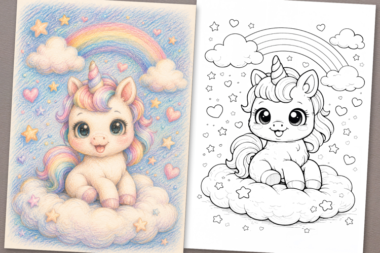 Cartoon Unicorn Coloring Page and Coloring Book for Kids