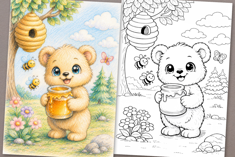 Cute Cartoon Bear Coloring Page and Coloring Book for Kids