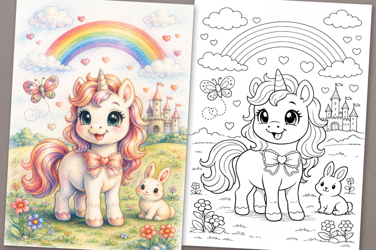 Cartoon Unicorn Coloring Page and Coloring Book for Kids