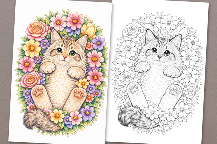 Cat coloring page for adults. Adult coloring page flowers