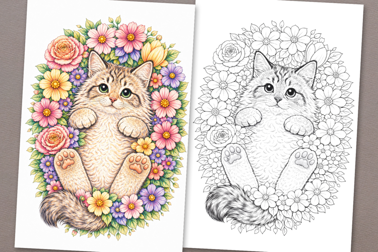 Cat coloring page for adults. Adult coloring page flowers