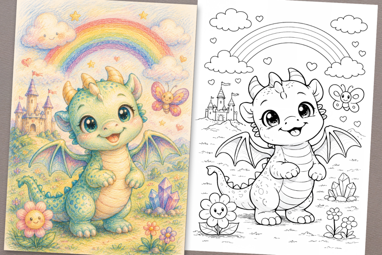 Cute Cartoon Dragon Coloring Page and Coloring Book for Kids
