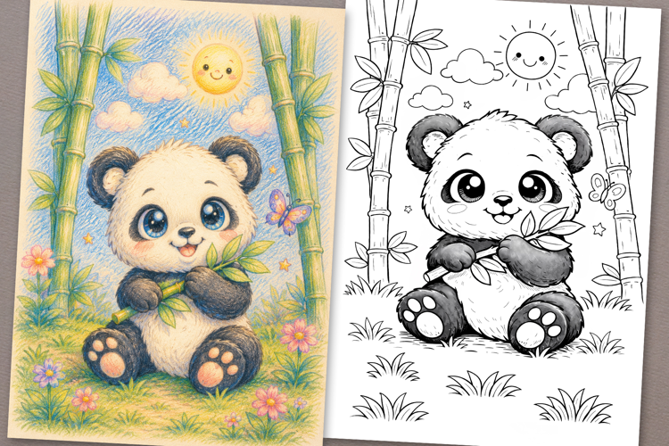 Cute Cartoon Panda Coloring Page and Coloring Book for Kids