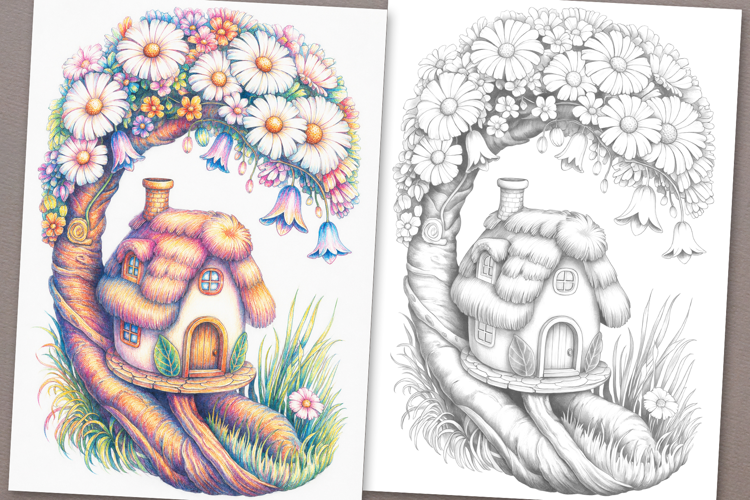 Cute Fairy House Coloring Page and Coloring Book for Adults