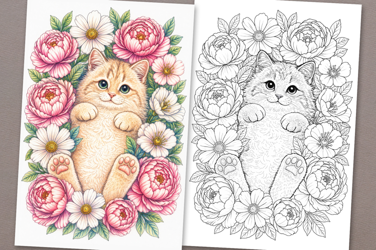 Kitten coloring page for adults. Adult coloring book flowers