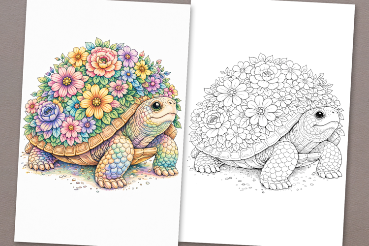 Turtle coloring page for adults. Adult coloring book flowers