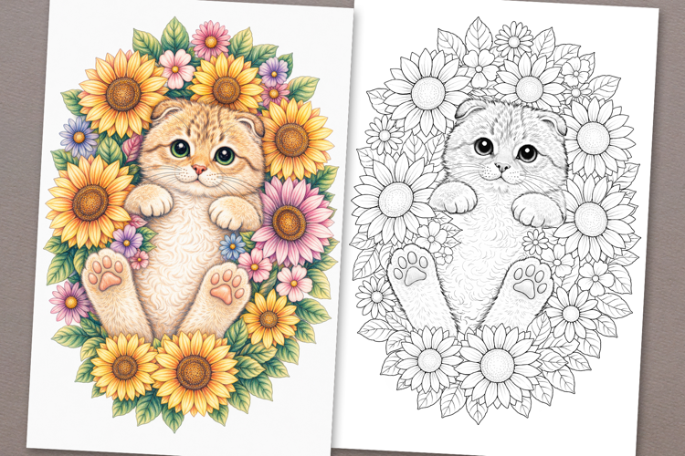 Kitten coloring page for adults. Adult coloring book flowers